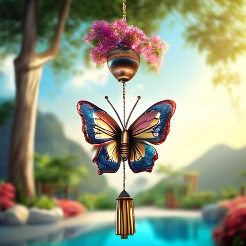 A delicate butterfly wind chime hangs from a branch, its colorful wings catching the breeze.