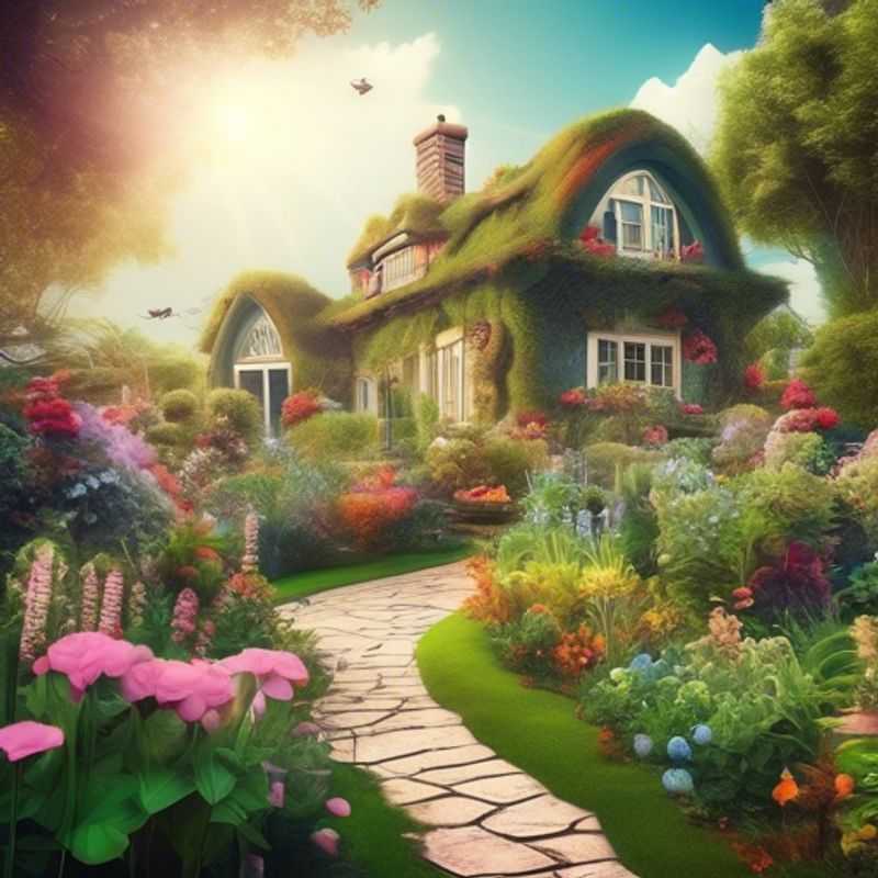 A charming cottage garden bursting with colorful flowers and lush greenery.